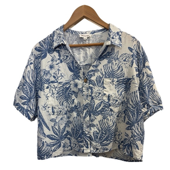 Panama Jack blue & white Hawaiian floral print boxy button up short sleeve top - Picture 1 of 3